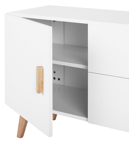 Príborník biela MDF doska dubové drevo 70 x 160 x 42 cm Retro minimalistický S nohami z bukového dreva Veľa úložného priestoru Elegantné obývacia izba
