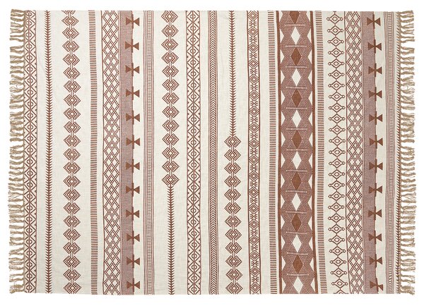 Prikrývka béžová a hnedá bavlnená 130 x 180 cm africký vzor kilim prírodný dizajn boho