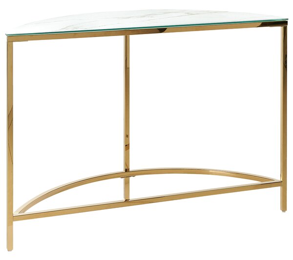 Konzolový stolík biely a zlatý sklenená stolová doska mramorový vzhľad kovový rám 111 x 36 cm glamour moderný elegantný dizajn