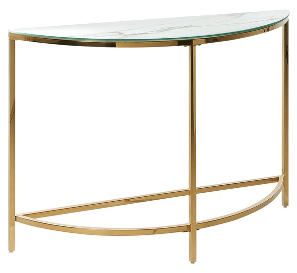 Konzolový stolík biely a zlatý sklenená stolová doska mramorový vzhľad kovový rám 111 x 36 cm glamour moderný elegantný dizajn