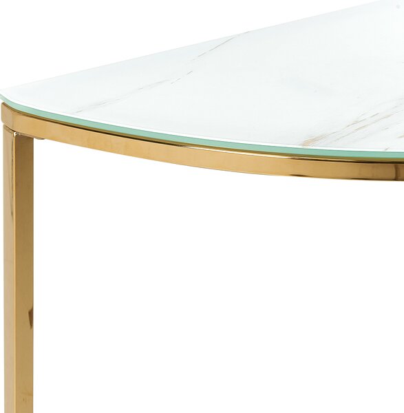 Konzolový stolík biely a zlatý sklenená stolová doska mramorový vzhľad kovový rám 111 x 36 cm glamour moderný elegantný dizajn