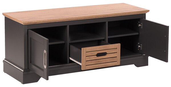 TV nábytok tmavosivá svetlá farba dreva drevovláknitá doska MDF doska kov 50 x 120 x 40 cm retro moderný štýl vzhľad dreva 2 dvere praktická obývačka