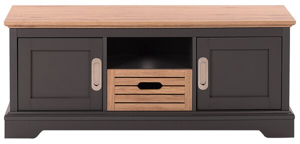 TV nábytok tmavosivá svetlá farba dreva drevovláknitá doska MDF doska kov 50 x 120 x 40 cm retro moderný štýl vzhľad dreva 2 dvere praktická obývačka