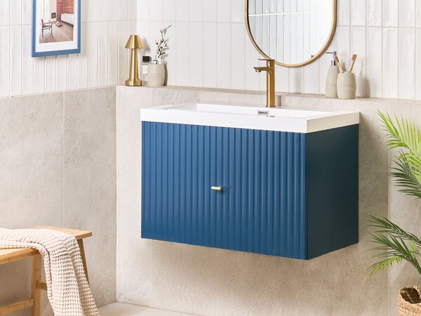 Závesná kúpeľňová skrinka s umývadlom tmavomodrá MDF 80 x 46 cm s 2 zásuvkami úložný priestor moderný štýl kúpeľňa