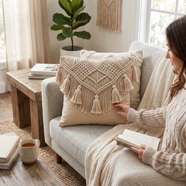 Béžový vankúš s drhaným vzorom a strapcami Macrame cosy - 45*17*45 cm - J-Line by Jolipa
