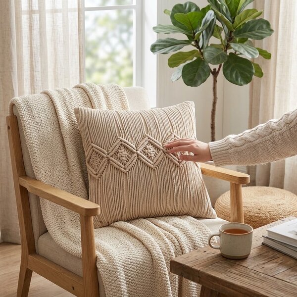 Béžový vankúš s drhaným vzorom Macramé Cosy - 45*12*45 cm - J-Line by Jolipa