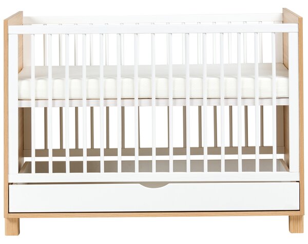 Detská postieľka biela svetlohnedá MDF 60 x 120 cm nastaviteľná výška s úložným priestorom štandardná veľkosť minimalistický štýl detská izba