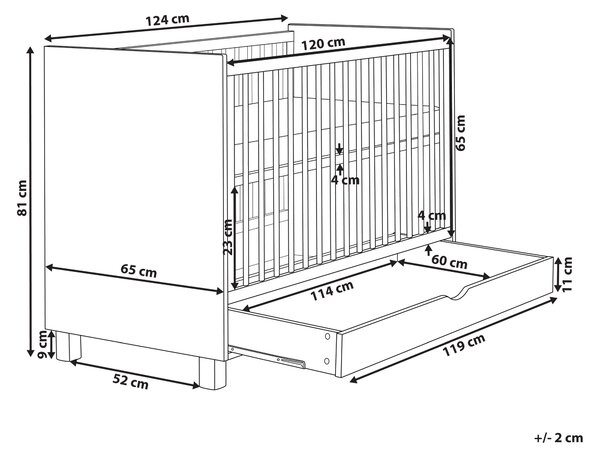 Detská postieľka biela svetlohnedá MDF 60 x 120 cm nastaviteľná výška s úložným priestorom štandardná veľkosť minimalistický štýl detská izba