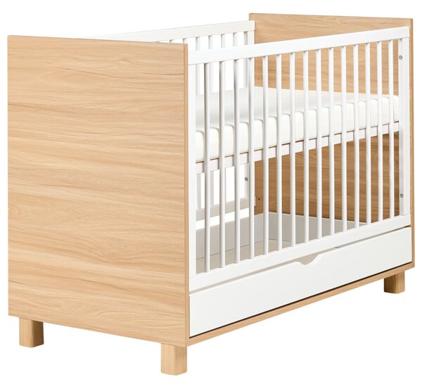 Detská postieľka biela svetlohnedá MDF 60 x 120 cm nastaviteľná výška s úložným priestorom štandardná veľkosť minimalistický štýl detská izba