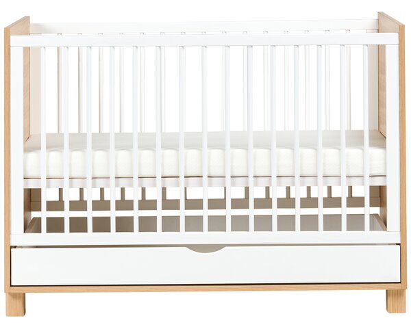 Detská postieľka biela svetlohnedá MDF 60 x 120 cm nastaviteľná výška s úložným priestorom štandardná veľkosť minimalistický štýl detská izba