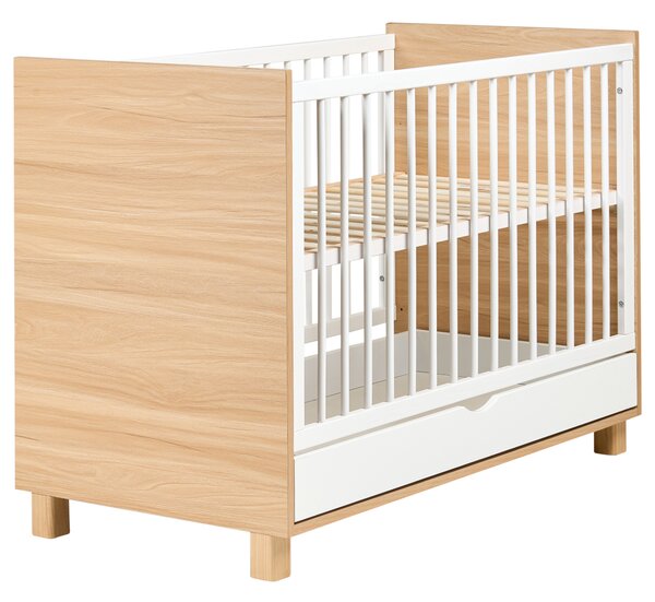 Detská postieľka biela svetlohnedá MDF 60 x 120 cm nastaviteľná výška s úložným priestorom štandardná veľkosť minimalistický štýl detská izba