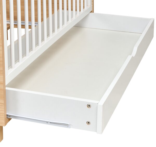 Detská postieľka biela svetlohnedá MDF 60 x 120 cm nastaviteľná výška s úložným priestorom štandardná veľkosť minimalistický štýl detská izba