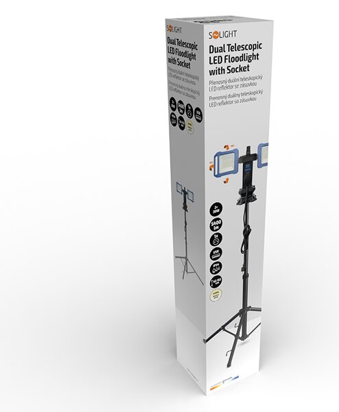 SOLIGHT Duálny teleskopický 62-152cm LED reflektor so zásuvkou 2x30W 5400lm 4000K IP54