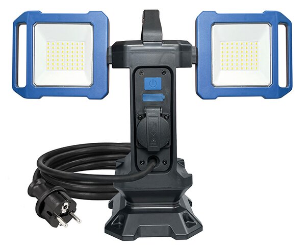 SOLIGHT Duálny prenosný LED reflektor so zásuvkou 2x30W 5400lm 4000K IP54