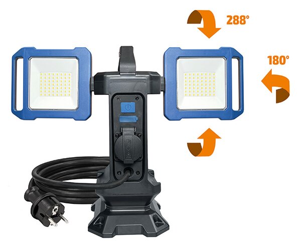 SOLIGHT Duálny prenosný LED reflektor so zásuvkou 2x30W 5400lm 4000K IP54