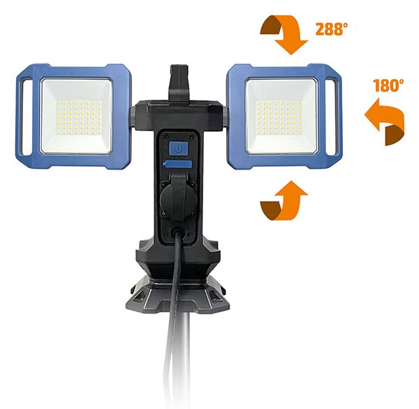 SOLIGHT Duálny teleskopický 62-152cm LED reflektor so zásuvkou 2x30W 5400lm 4000K IP54