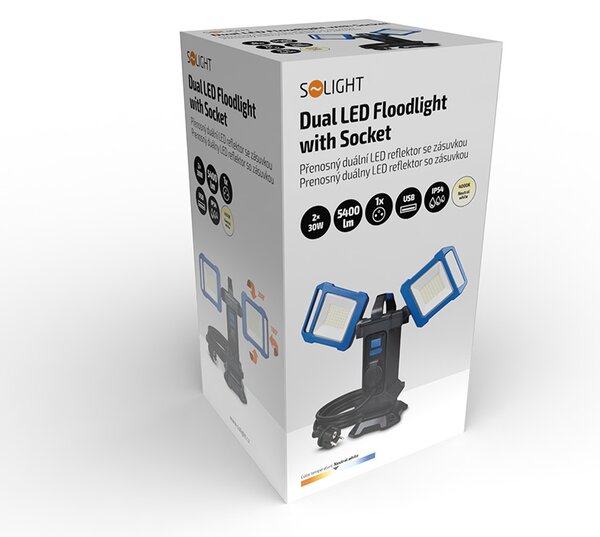 SOLIGHT Duálny prenosný LED reflektor so zásuvkou 2x30W 5400lm 4000K IP54