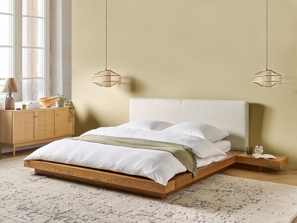 Posteľ v japonskom štýle prírodný jaseň 160 x 200 cm nízky drevený rám postele z MDF buklé čelo nočné stolíky