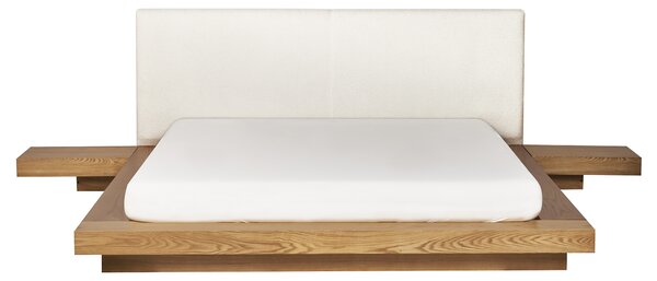Posteľ v japonskom štýle prírodný jaseň 160 x 200 cm nízky drevený rám postele z MDF buklé čelo nočné stolíky