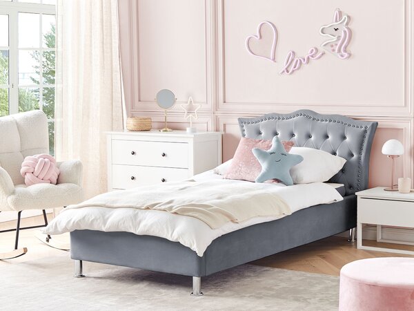 Posteľ sivá zamatové čalúnenie 90 x 200 cm s úložným priestorom prešívané čelo s gombíkmi moderný glamour štýl spálňa