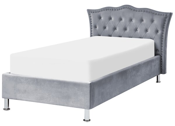 Posteľ sivá zamatové čalúnenie 90 x 200 cm s úložným priestorom prešívané čelo s gombíkmi moderný glamour štýl spálňa