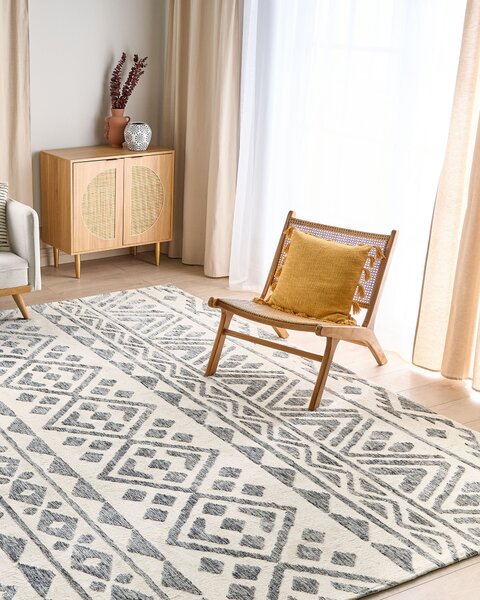 Koberec krémová biela a sivá polyester 300 x 400 cm geometrický vzor moderný minimalistický dizajn obývacia izba