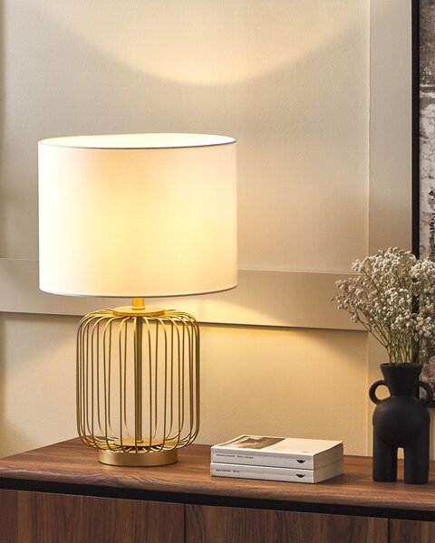 Stolná lampa biela zlatá oceľ bavlna 58 cm matný povrch klietkový kovový podstavec okrúhle tienidlo moderný štýl obývačka