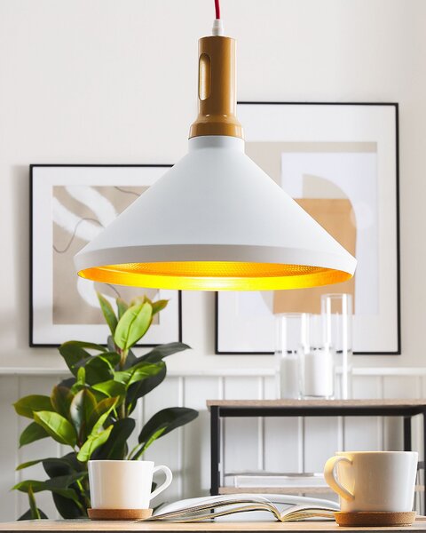 Závesné svetlo závesná lampa biela so zlatou a svetlé drevo hliníkové kužeľové tienidlo industriálny dizajn