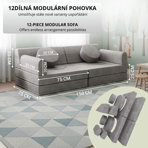 Modulárna dizajnová pohovka pre deti, 150 cm, sivá