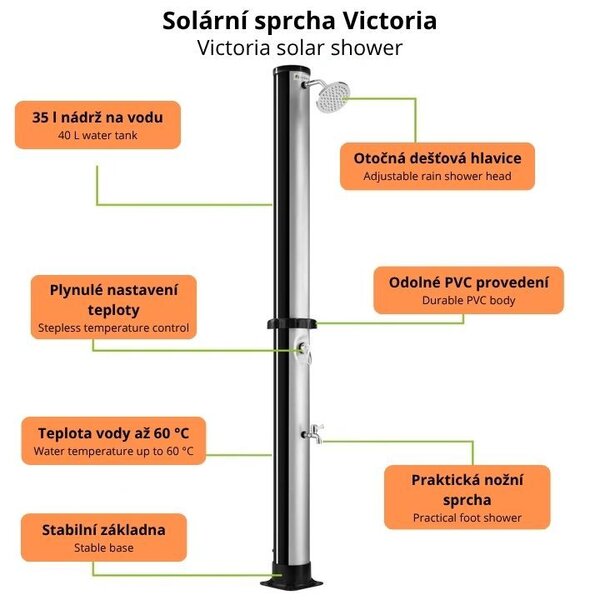 Vonkajšia solárna sprcha s objemom 35 l, dažďovou hlavicou