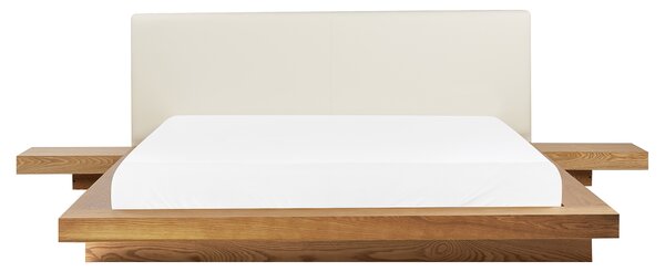 Posteľ v japonskom štýle prírodný jaseň 160 x 200 cm nízky drevený rám postele z MDF koženkové čelo nočné stolíky