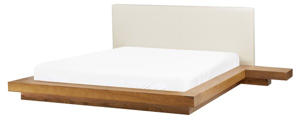 Posteľ v japonskom štýle prírodný jaseň 160 x 200 cm nízky drevený rám postele z MDF koženkové čelo nočné stolíky