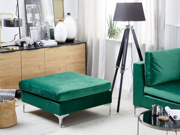 Taburet zelený zamatové čalúnenie mäkké sedadlo strieborné kovové nohy elegantný štýl