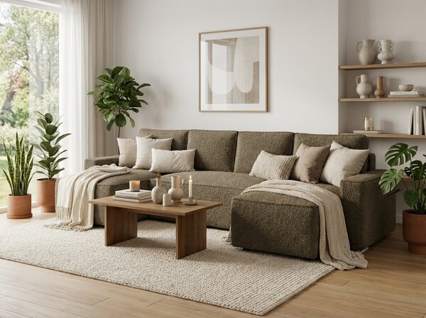 Rozkladacia sedacia súprava do U SMART BOUCLE 303x143 cm, tmavobéžová