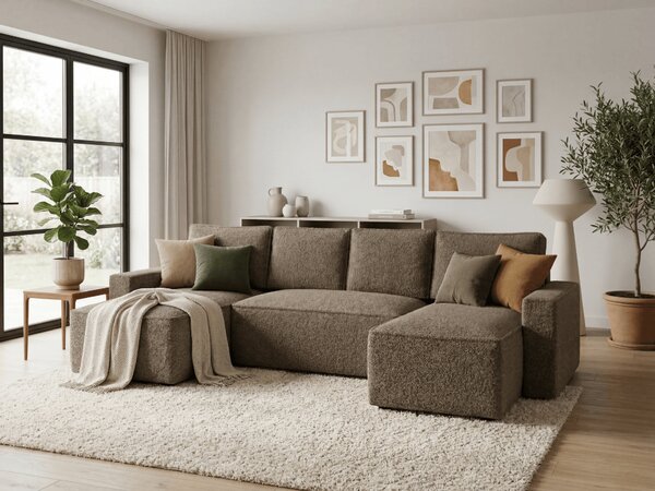 Rozkladacia sedacia súprava do U SMART BOUCLE 303x143 cm, tmavobéžová