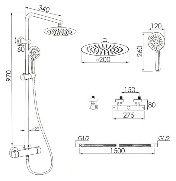 Erga Enza, sprchová súprava s termostatickou batériou a dažďovou hlavicou 20cm, čierna matná, ERG-YKA-BP.ENZA20-BLK