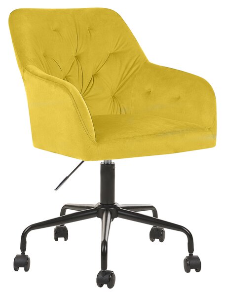 Otočná kancelárska stolička žltá zamatová čalúnená nastaviteľná výška prešívané operadlo