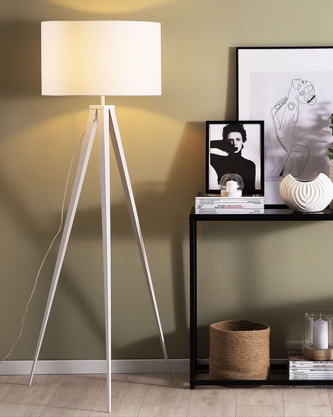 Stojaca lampa biela statívový kovový podstavec trojnožka 156 cm látkové tienidlo moderný industriálny štýl obývačka spálňa
