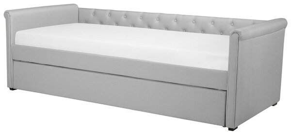 Rozkladacia posteľ svetlosivé látkové čalúnenie s gombíkmi 80 x 200 cm posteľ pre hostí detská izba