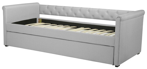 Rozkladacia posteľ svetlosivé látkové čalúnenie s gombíkmi 80 x 200 cm posteľ pre hostí detská izba