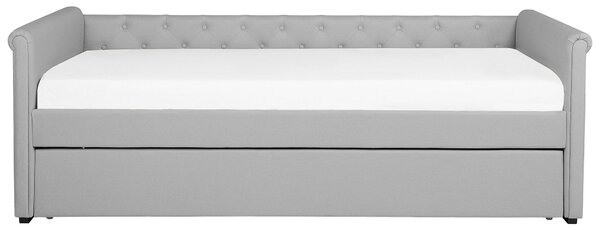 Rozkladacia posteľ svetlosivé látkové čalúnenie s gombíkmi 80 x 200 cm posteľ pre hostí detská izba