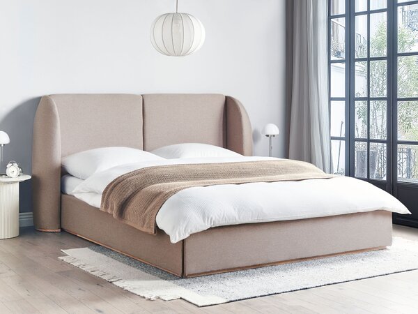 Posteľ s úložným priestorom sivobéžová látkové čalúnenie polyester 180 x 200 cm s čelom moderný štýl spálňa