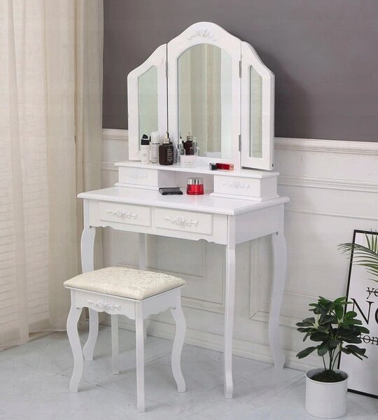 Nádherný toaletný stolík s veľkým zrkadlom v bielej farbe Biela