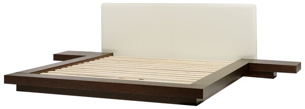 Posteľ v japonskom štýle tmavý jaseň 180 x 200 cm nízky drevený rám z MDF biele koženkové čelo LED podsvietenie nočné stolíky