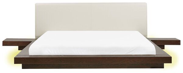 Posteľ v japonskom štýle tmavý jaseň 180 x 200 cm nízky drevený rám z MDF biele koženkové čelo LED podsvietenie nočné stolíky