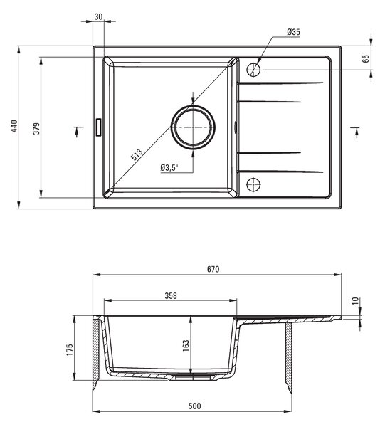 Deante Corio, granitový drez na dosku 670x440x175 mm + drezová batéria s flexi ramenom chrómová-čierna + 3,5" + priestorovo úsporný sifón, 1-komorový…
