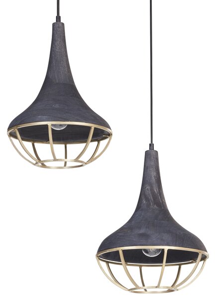 Závesná lampa čierna mosadzná prírodné drevené tienidlo boho štýl ručne vyrobené bytové doplnky