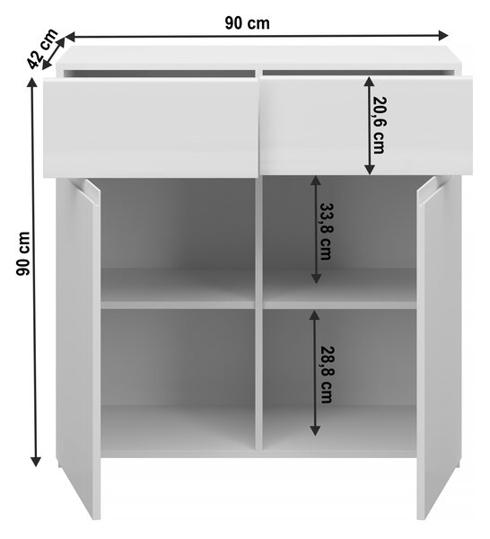 KONDELA Komoda 2D2S, biela/biely extra vysoký lesk HG, JOLK