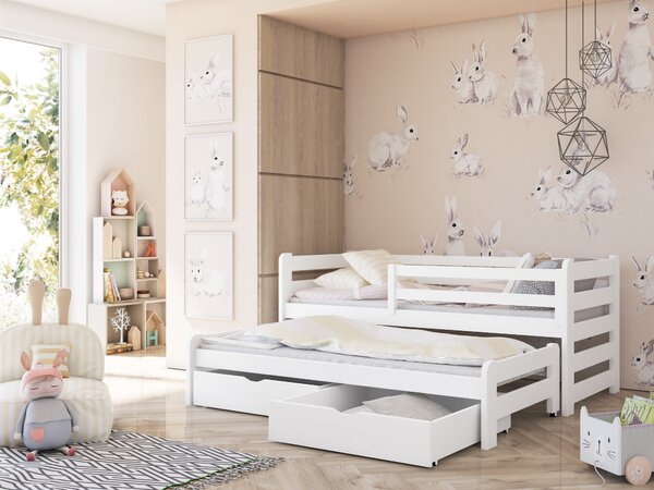 MAXMAX Detská posteľ z masívu borovice s prístelkou a šuplíky SANDRA - 200x90 cm - BIELA
