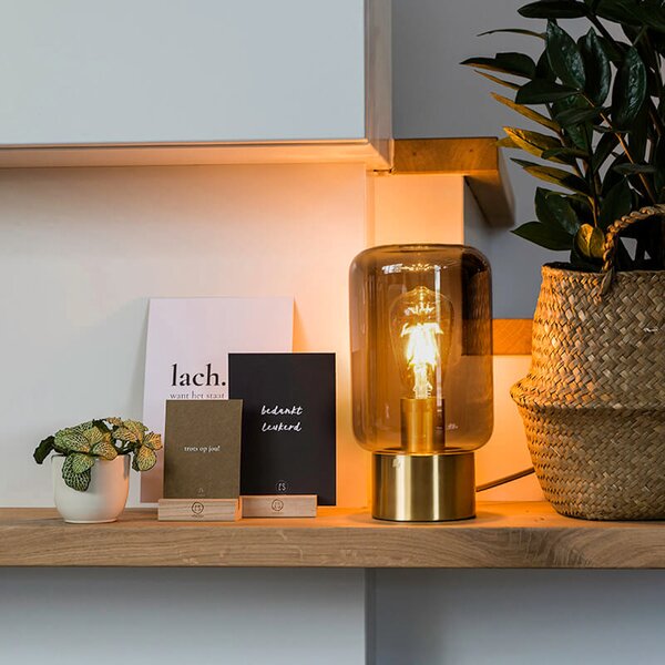 Dizajnová stolová lampa mosadz so sklom s dymovým efektom - Bliss Cute